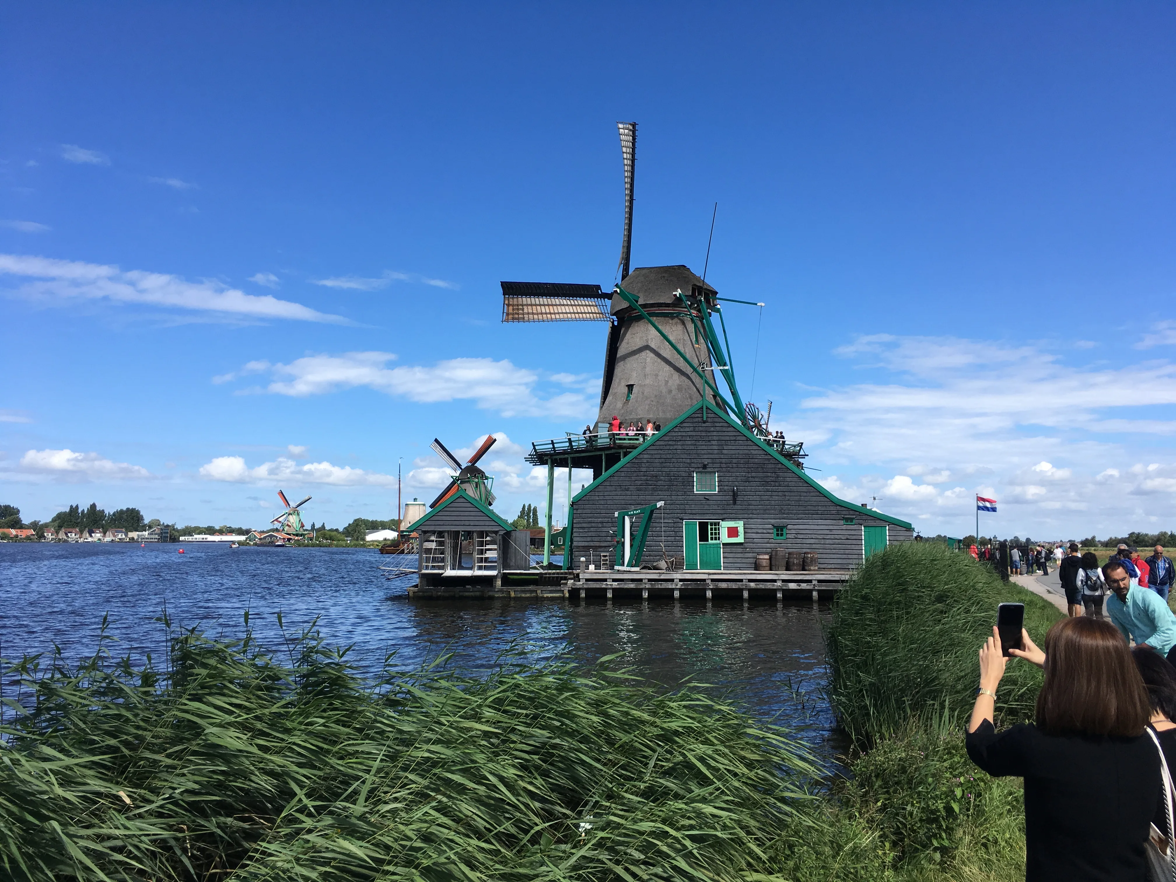 Werkende houten windmolens aan de rivier de Zaan bij de Zaanse Schans met groene houten huisjes op de oever